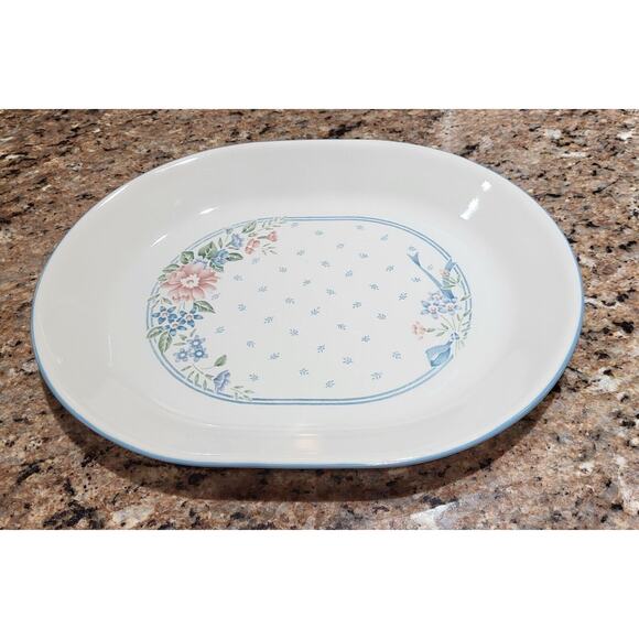 Corelle Blue Symphony 12 1/4" x 10" Platter Blue Stripe Peach Flower - Picture 9 of 11